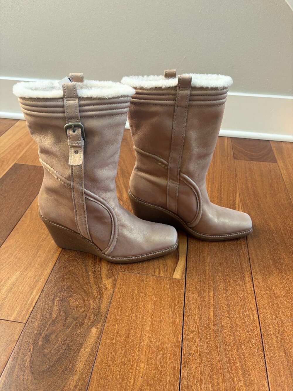 Cole Haan Michelle champagne/metallic gold wedge mid-calf leather boots